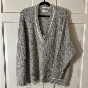 Stradivarius Gray Oversized V-Neck Sweater with Cable Knit Design NWOT